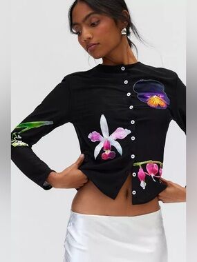 NWT Tyler McGillivary Pansy Applique Cardigan Black Mesh Long Sleeve XS